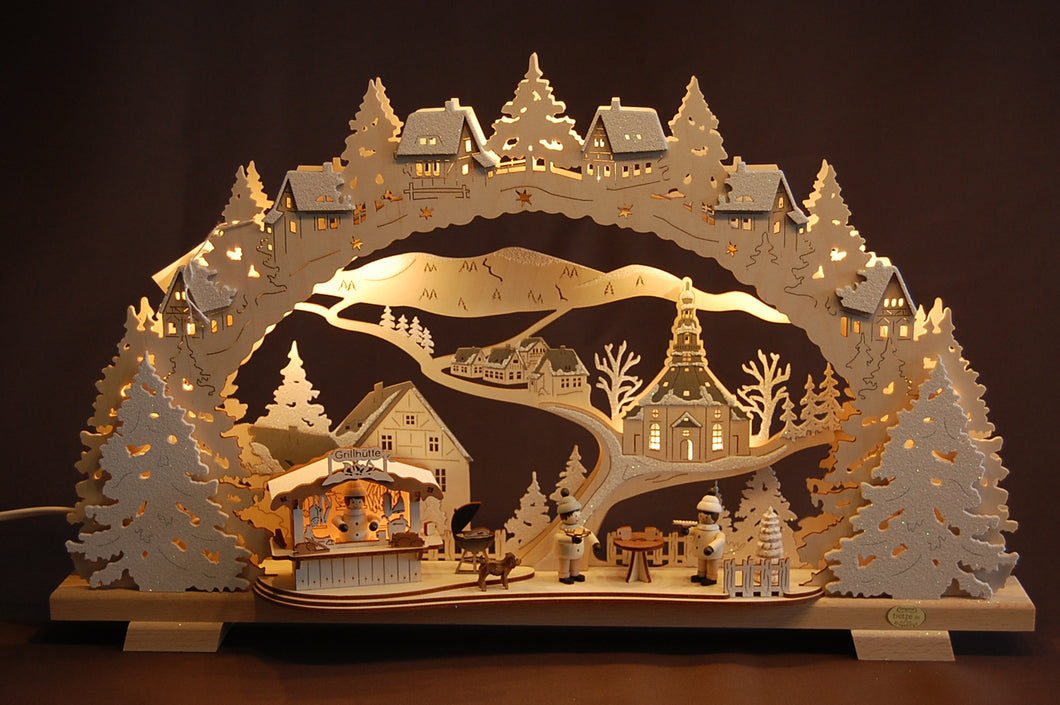 LED Schwibbogen Grillhütte klein, verschneit, 53cm